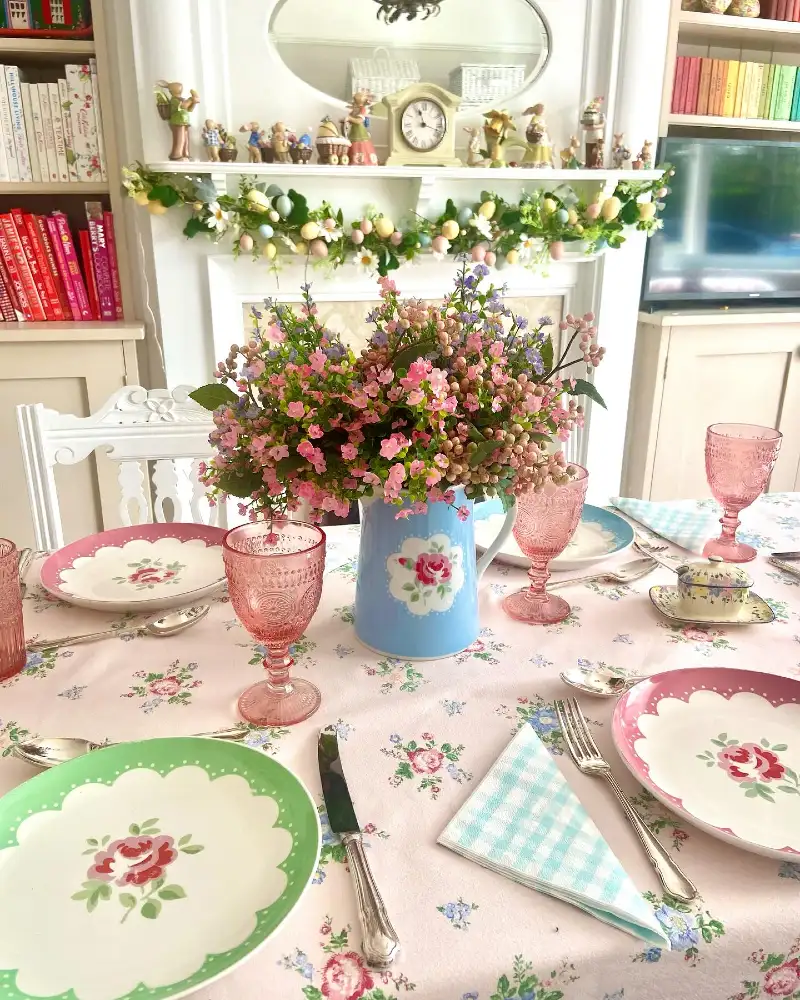 Vintage Floral Tablecloth with Pastel Pink Glassware and Rose-Patterned Plates