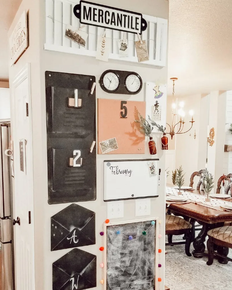 Vintage Industrial Wall Command Station with Black Metal Mail Holders and Whiteboard