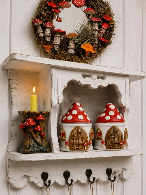 Vintage White Shelf With Mushroom Ceramics