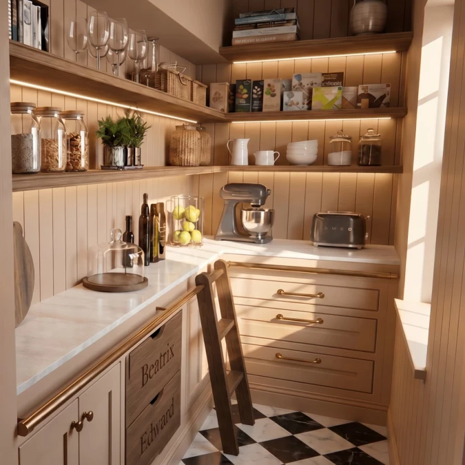 Walk In Butler Pantry with LED Shelf Lighting Appliance Counter and Deep Drawers