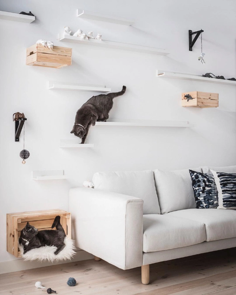 Wall-Mounted Ledge System with Repurposed Wooden Crates