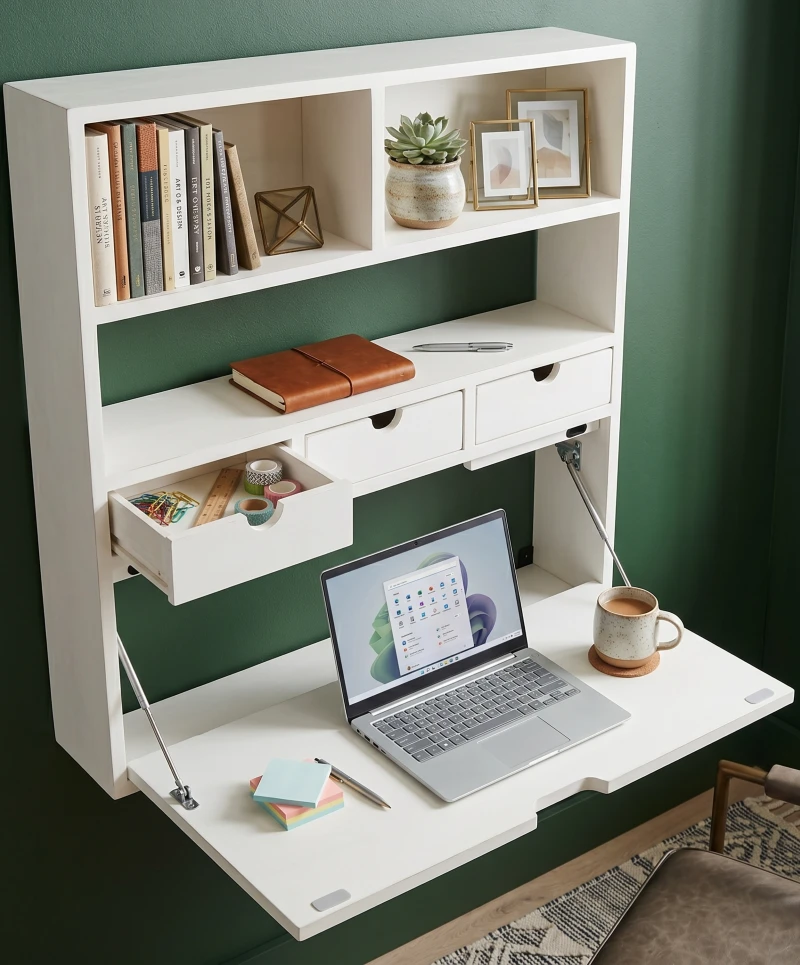 Wall Mounted Secretary Desk with Shelves and Hidden Drawers