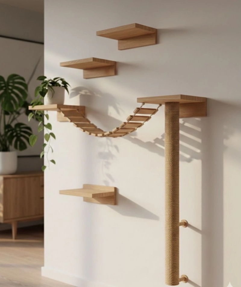 Wall-Mounted Wooden Bridge with Sisal Climbing Column