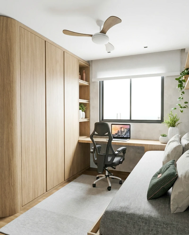 Wall to Wall Wardrobe with Window Desk and Open Display Shelves