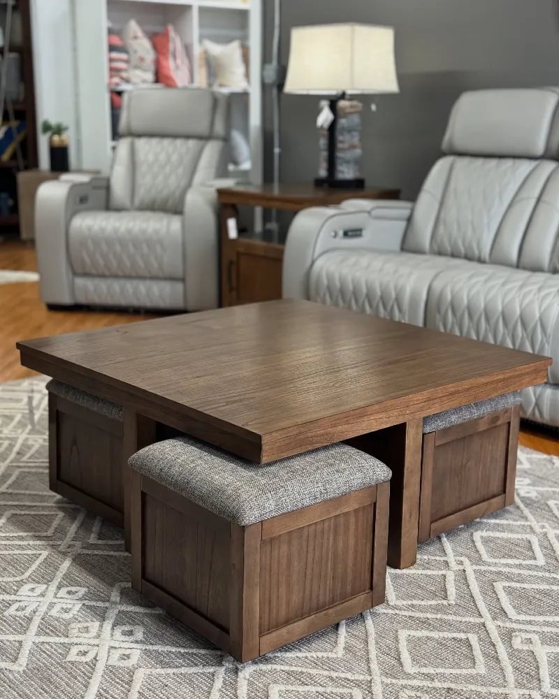 Walnut Coffee Table with Four Tucked Storage Ottomans