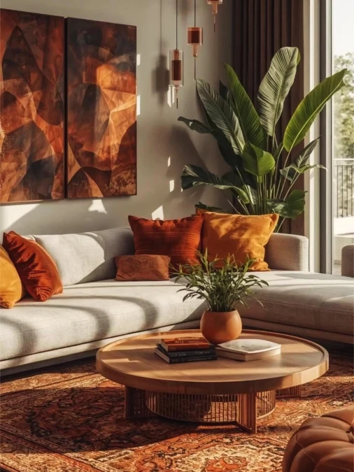 Warm Amber Art And Soft Gray Seating