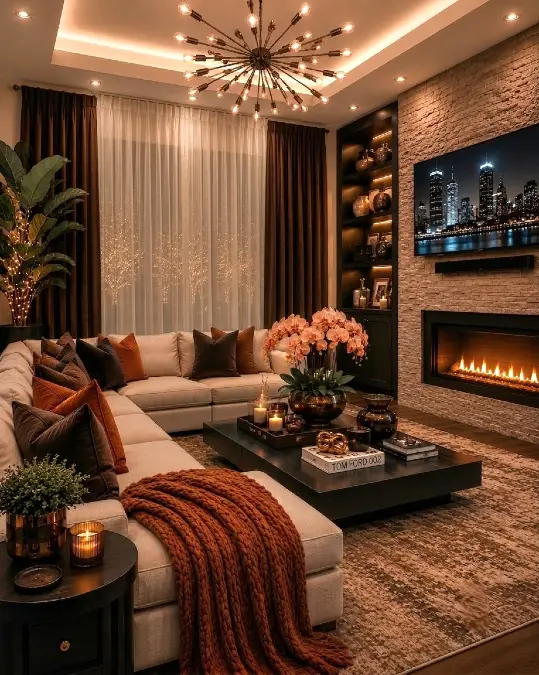 Warm Amber Lighting and Rust Velvet Accents