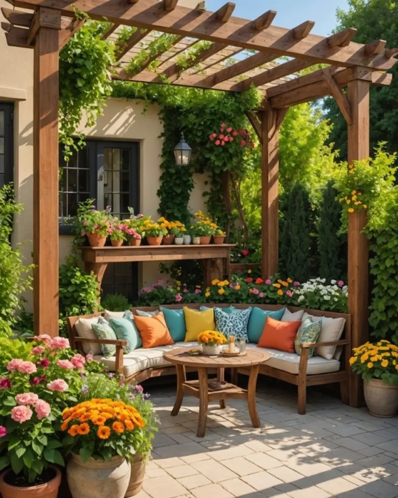 Warm Cedar Pergola with Climbing Vines and a Colorful Garden Lounge