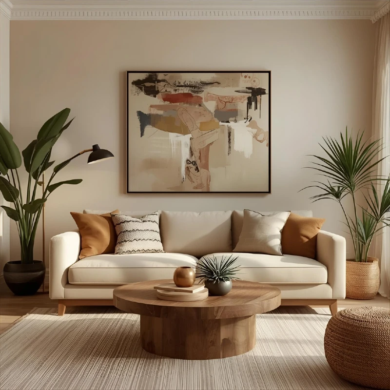 Warm Minimalist Living Room with Abstract Art, Chunky Wooden Plinth Coffee Table, and Indoor Palms