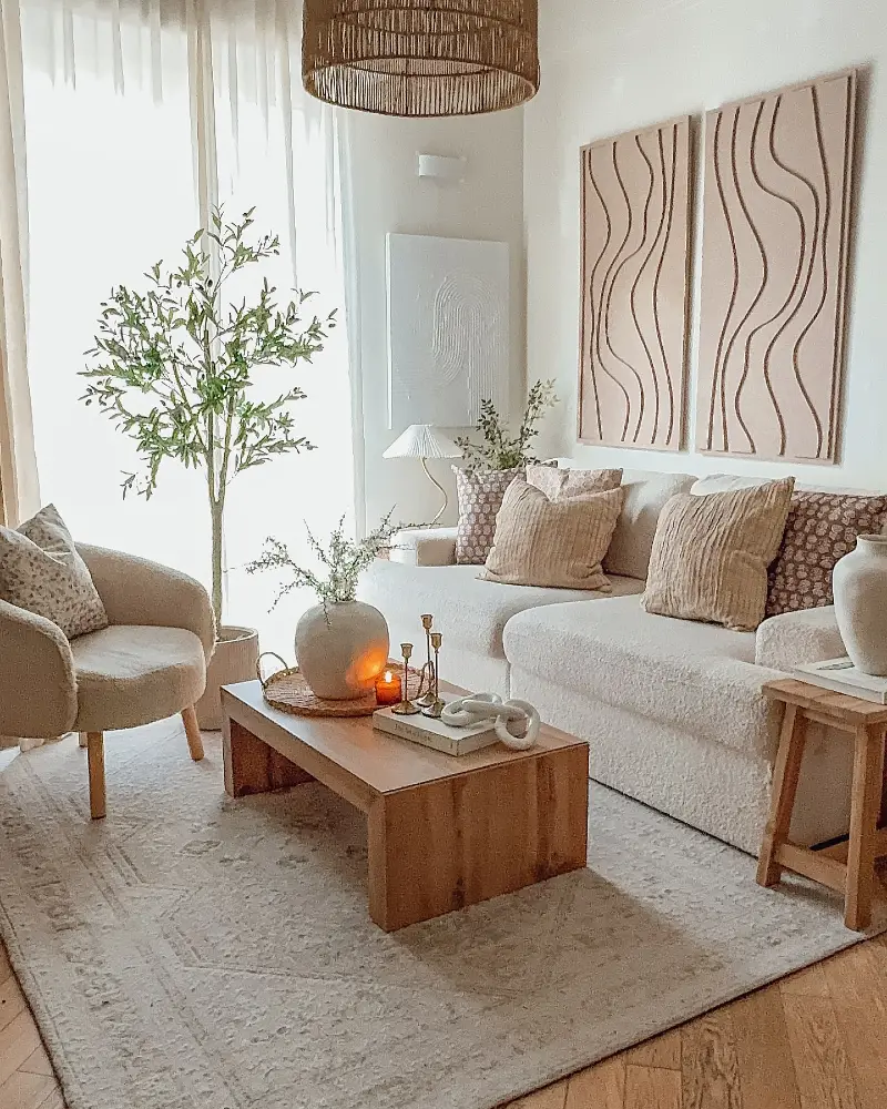 Warm Neutral Seating Area with Sculptural Wall Panels