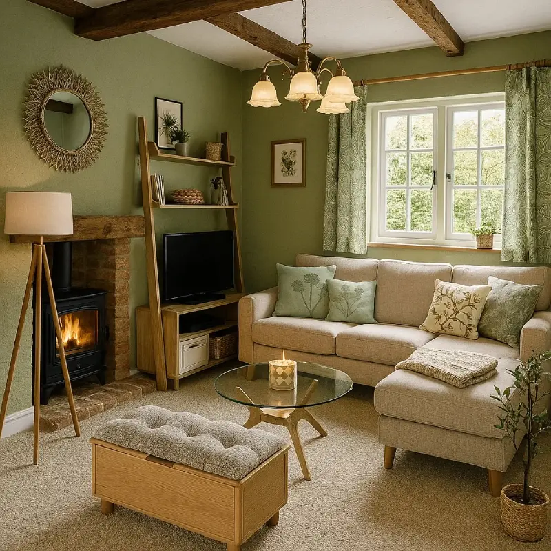 Warm Sage Living Room with Exposed Wood Beams, Brick Fireplace, and Beige Sectional