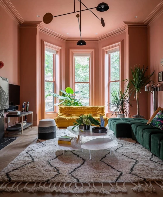 Warm Salmon Pink Living Room With Velvet Seating