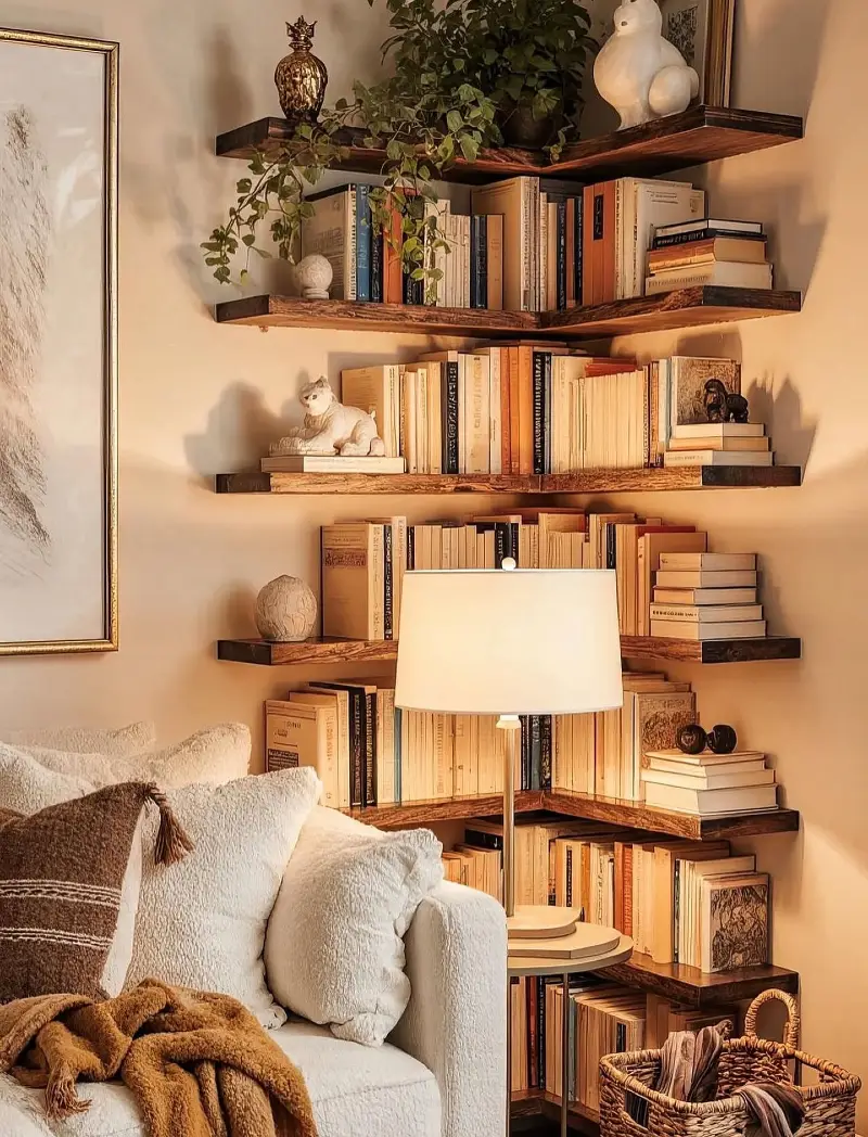 Warm Walnut Corner Shelving with L-Shaped Layout
