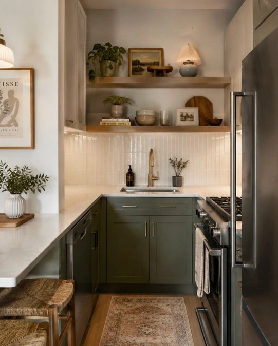 Warm Wood Open Shelves Replace Upper Cabinets Above the Sink in a Dark Green Kitchen
