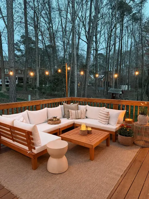 Warm Wood Sectionals And Soft Evening Light