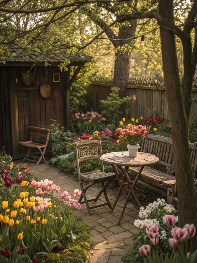 Weathered Bistro Table Beneath Mature Trees and Cottage Flower Borders