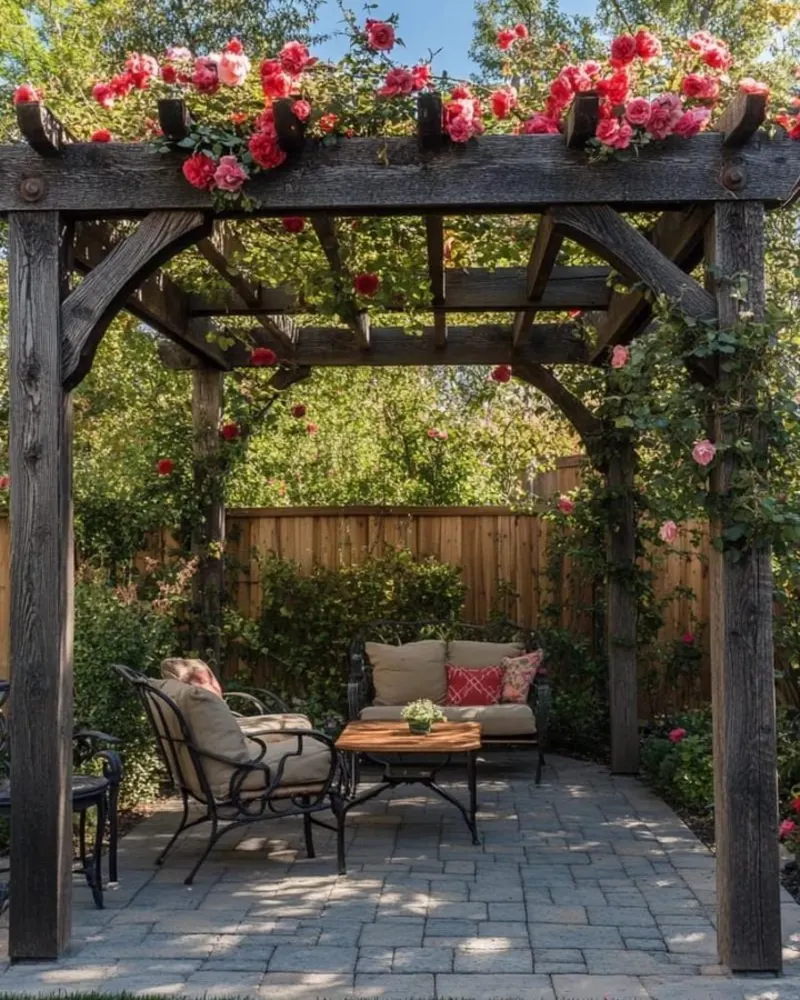 Weathered Wood Pergola with Climbing Roses and Stone Paver Patio