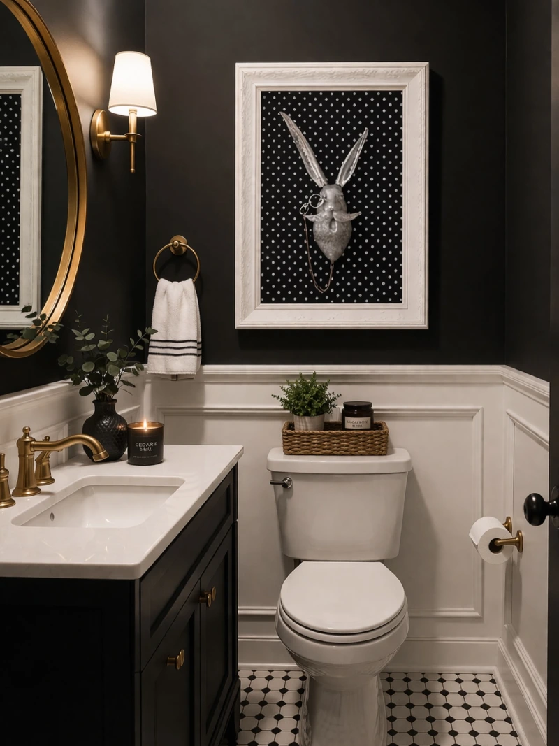Whimsical Framed Art with Woven Toilet Tank Tray