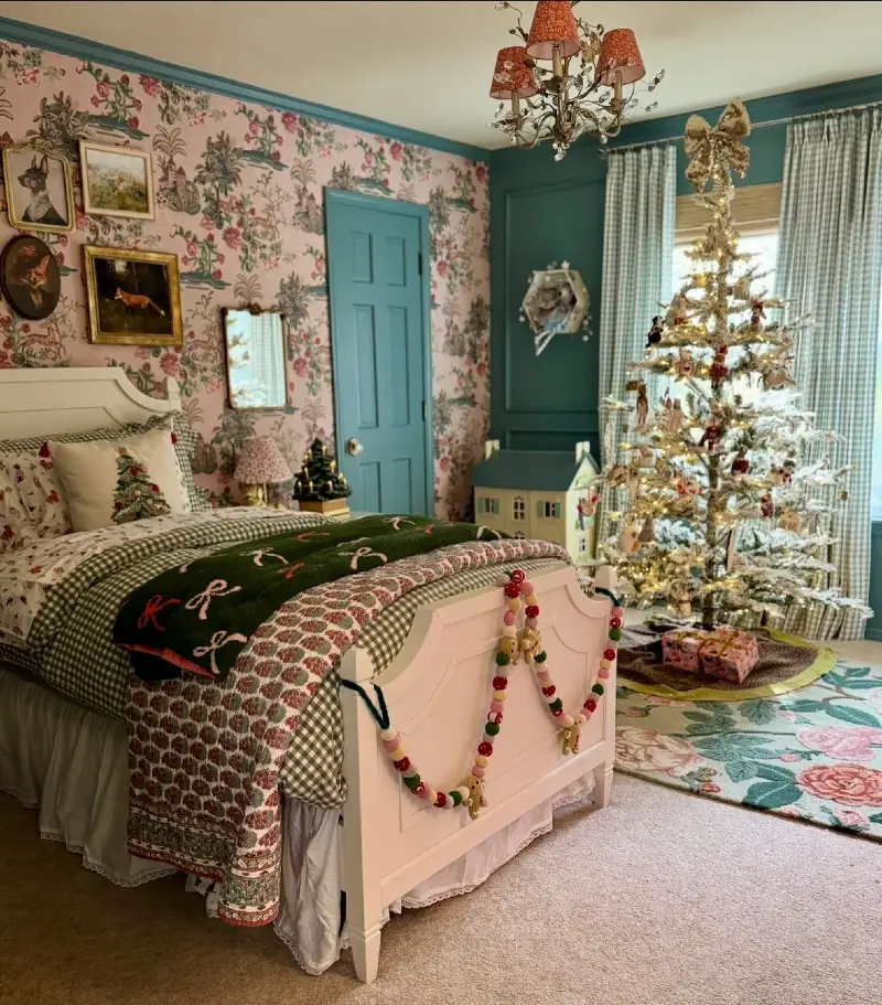 Whimsical Pastel Cottage Setup with Gingham Bedding and Pom-Pom Garland