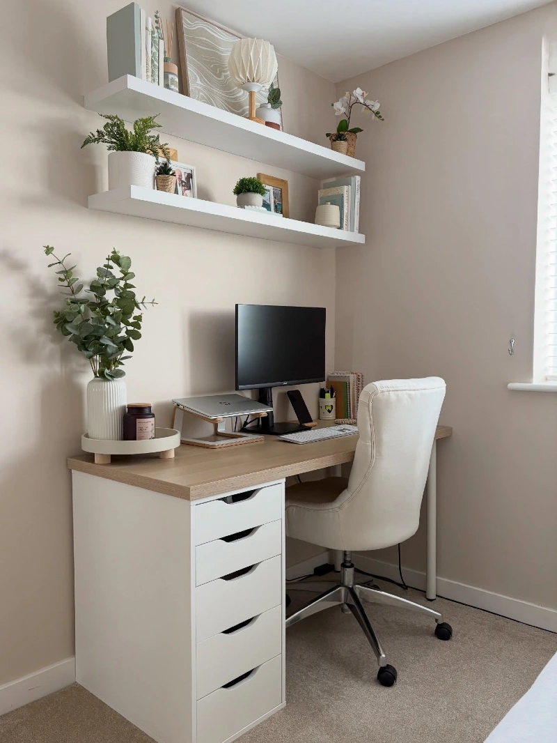 White Floating Shelves with Light Oak Desk and Soft Neutral Styling