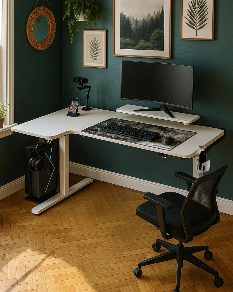 White L Shaped Standing Desk with Forest Green Walls and Monitor Riser