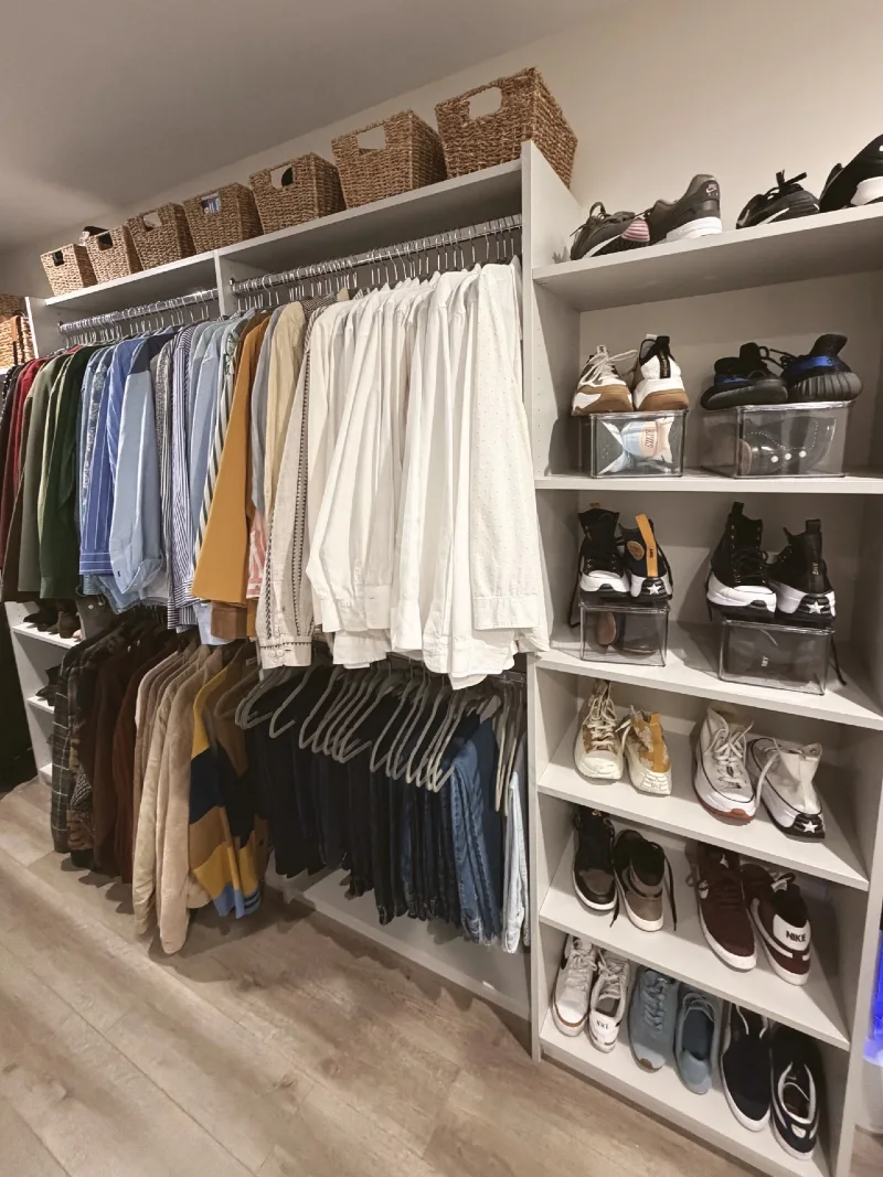 White Modular Shelving with Woven Baskets and Clear Shoe Bins