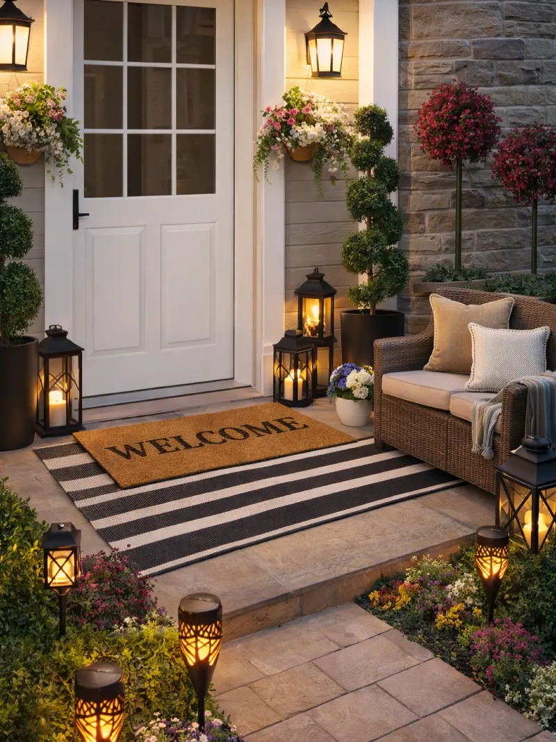 White Paneled Door with Glowing Lanterns and Striped Layered Mats
