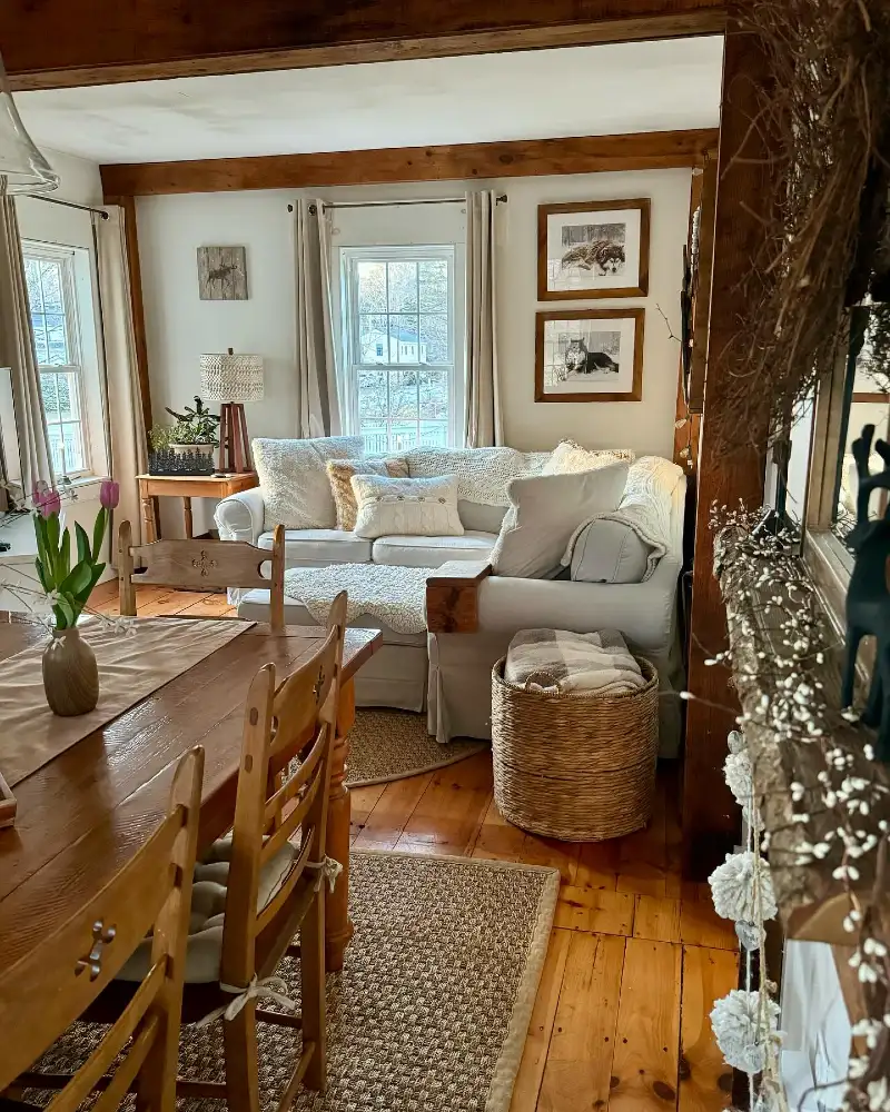 White Plush Sectional with Wooden Armrest Tray and Woven Floor Basket