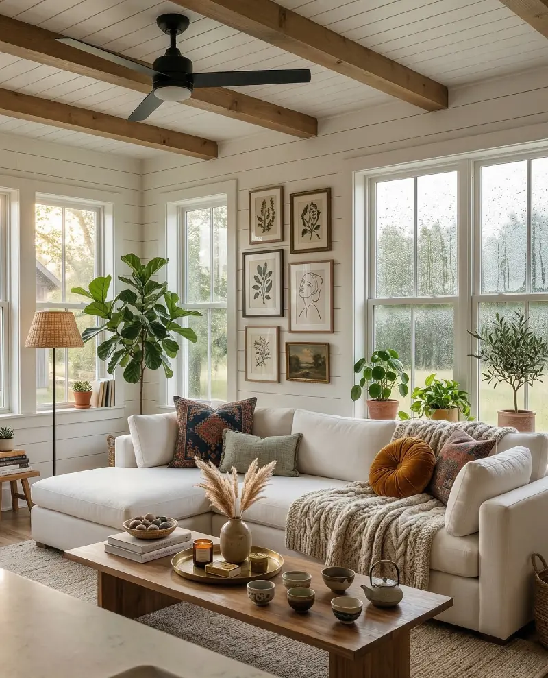 White Sectional with Gallery Wall and Low-Profile Coffee Table