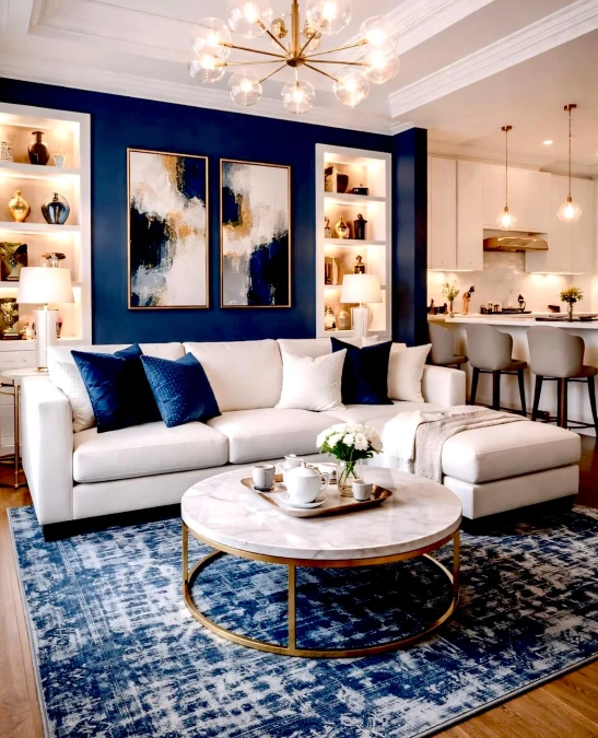 White Sofa And Navy Accent Wall