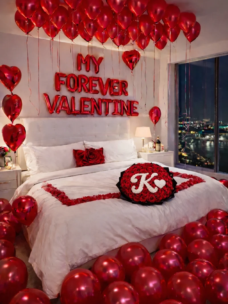 White Tufted Headboard with Red Lettering Balloons and Fresh Rose Accents