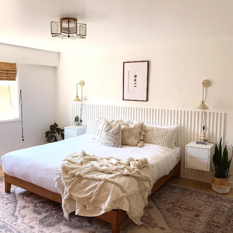 White Vertical Slat Headboard Wall with Floating Nightstands