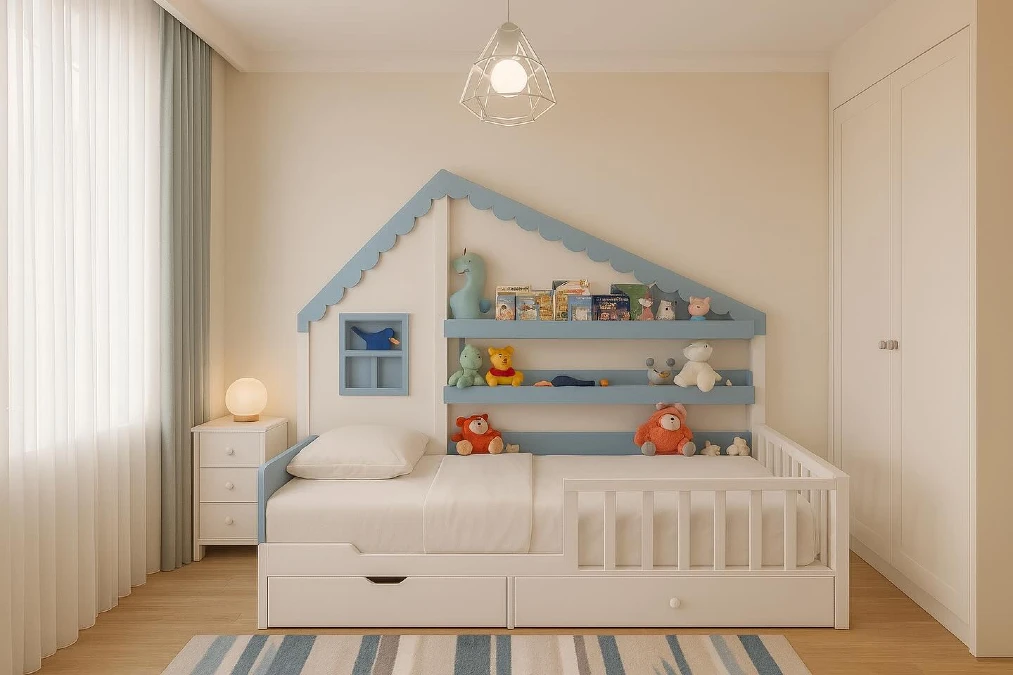White and Blue House Bed With Built In Shelving
