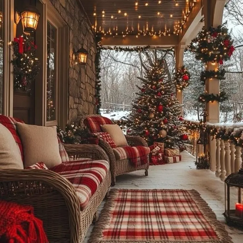Wicker Armchairs with Red Plaid Textiles, Curtain String Lights, and Fully Dressed Pine