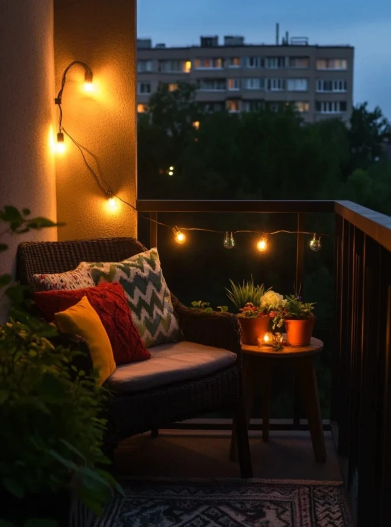 Wicker Loveseat with Warm String Lights for Quiet Evenings