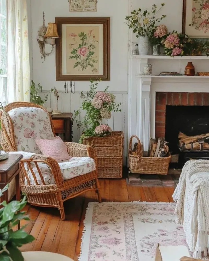 Wicker Wingback Chair with Floral Chintz Cushions and Stacked Log Baskets