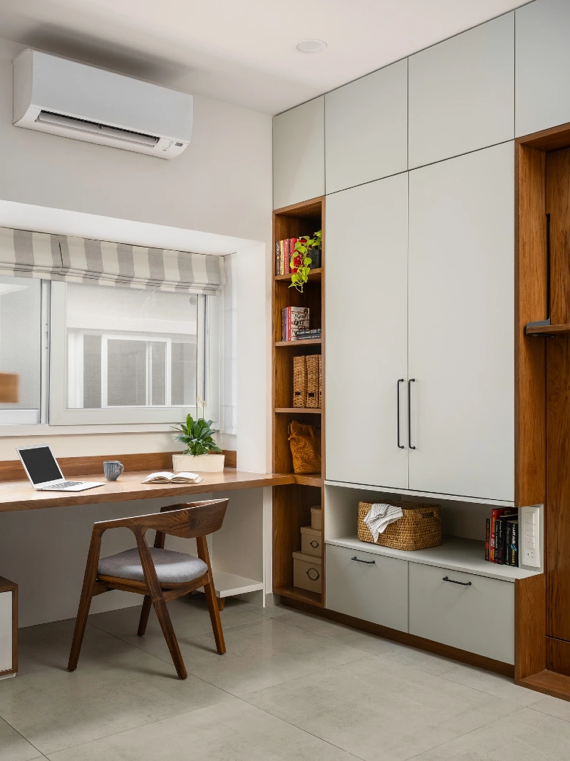 Window Desk with Floor to Ceiling Wardrobe and Open Oak Shelving