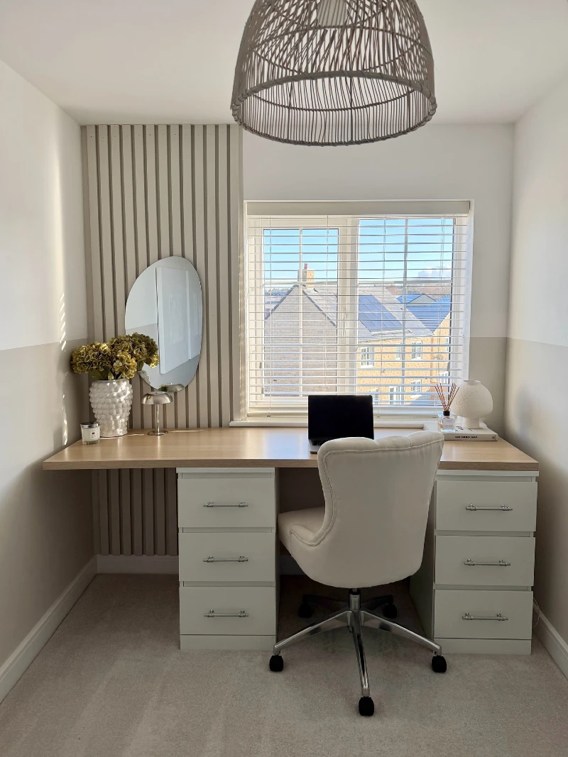 Window Facing Desk with Fluted Accent Wall and Double Drawer Storage