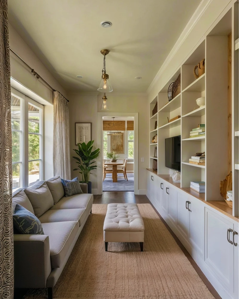 Window Sofa with Wall Shelves, Tufted Ottoman, and Built-In Media Storage