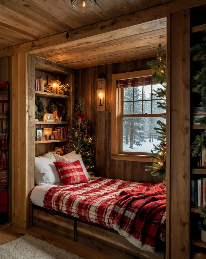 Wooden Alcove Bed with Plaid Linens and Integrated Shelving