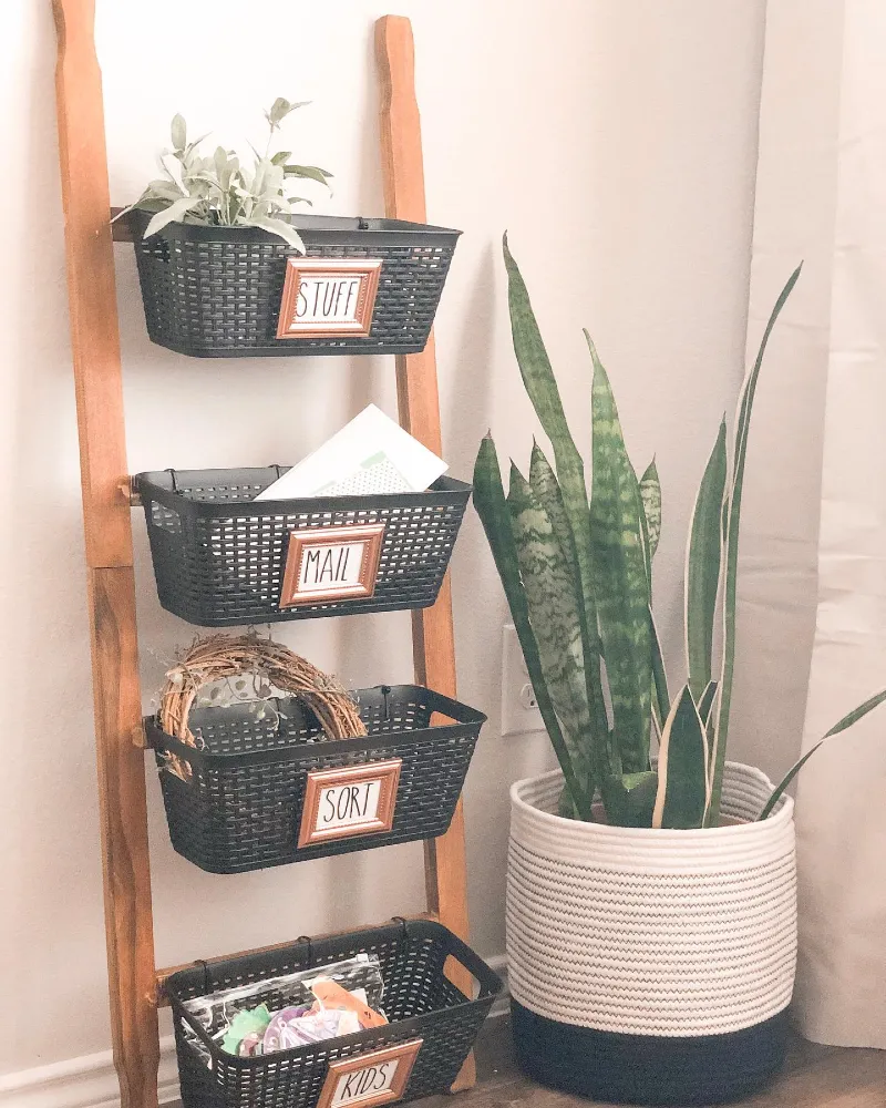 Wooden Blanket Ladder Organization Hub with Labeled Hanging Baskets