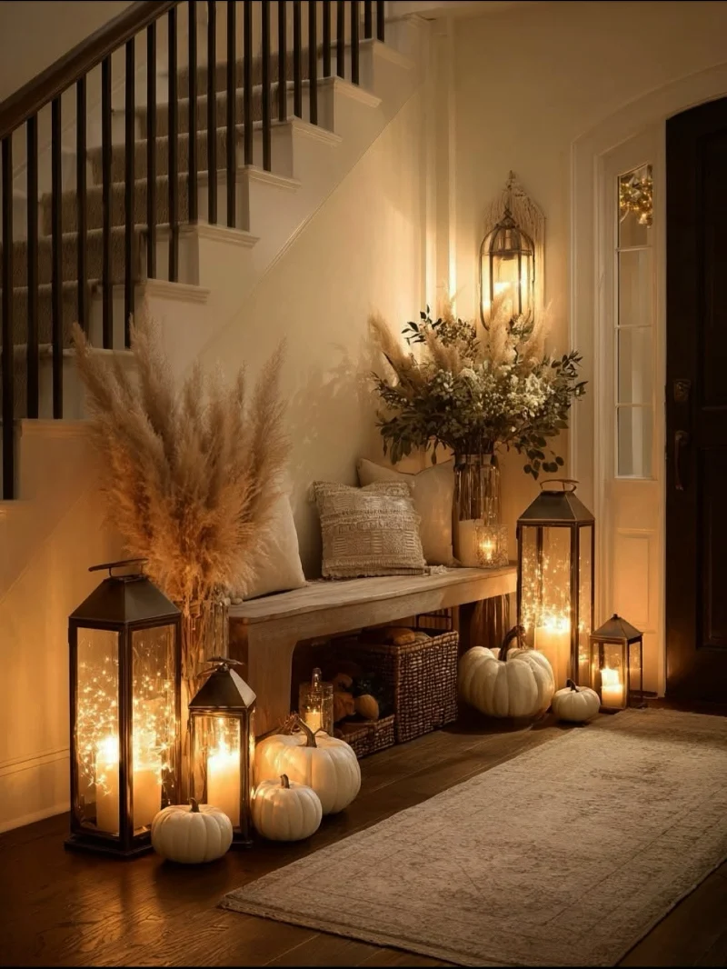 Wooden Entryway Bench with Amber Lanterns, White Pumpkins, and Fluffy Pampas Stems