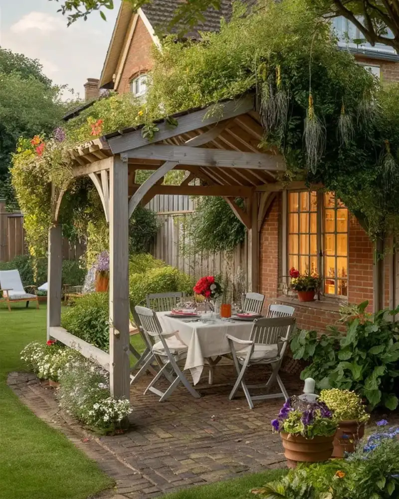 Wooden Gable Pergola with Brick Patio and Overgrown Ivy Canopy