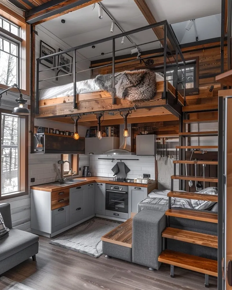 Wooden Mezzanine Deck with Hanging Edison Bulbs and Grey L-Shaped Kitchen