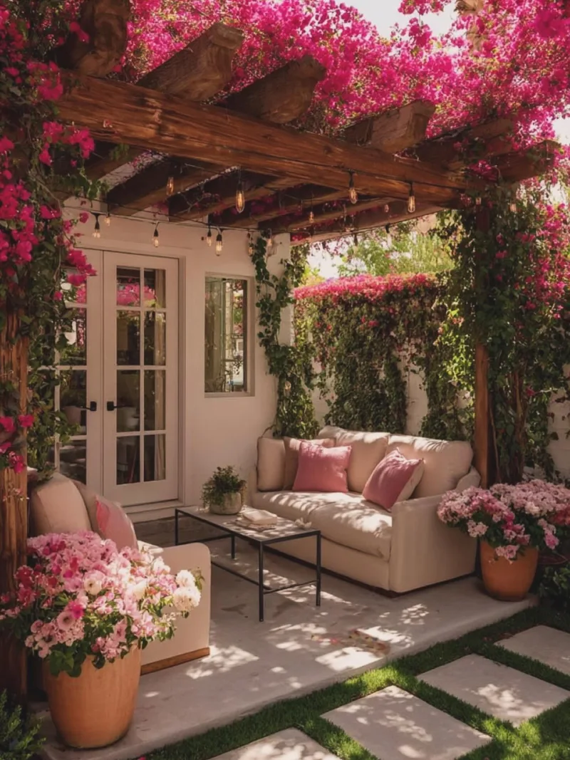 Wooden Pergola Wrapped in Blooming Bougainvillea Above a Cozy Patio Lounge