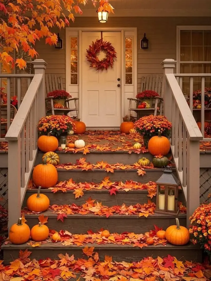 Wooden Porch Steps Covered in Fallen Maple Leaves, Orange Pumpkins, and Crimson Chrysanthemums