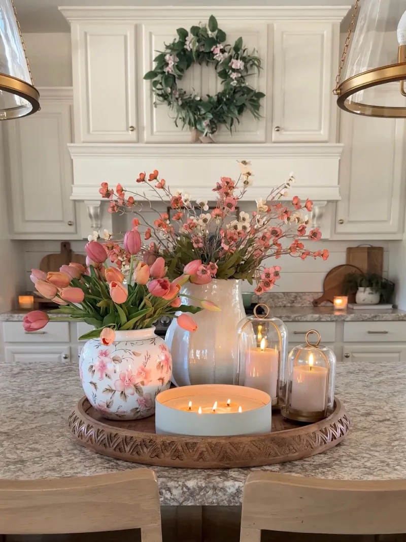 Wooden Tray with Ceramic Vases and Cloche Candles