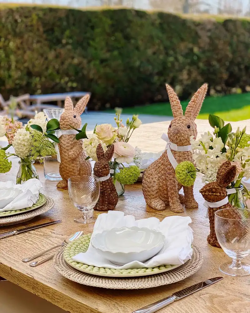Woven Bunny Figures with Fresh Garden Florals and Textured Ceramics