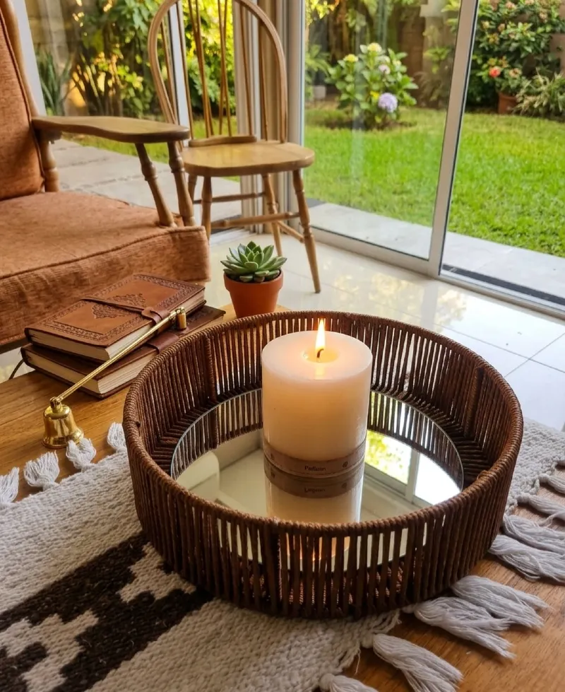 Woven Cord Mirror Tray with Thick Cream Pillar Candle and Leather Journals