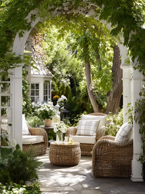Woven Rattan and Shaded Vine Arbors